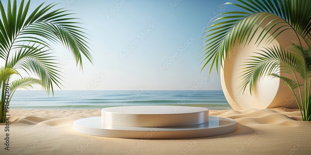 Obraz premium Abstract minimal display podium with summer beach scene, perfect for showcasing products or cosmetic presentations, render