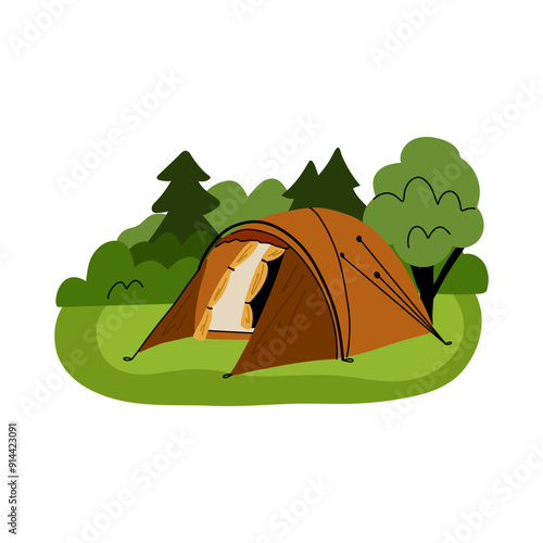 Camping composition. Landscape with trees and bushes. Camp tent and bonfire. Tourist campsite, outdoor adventure, campground in forest. Hiking tourism. Summer vacation vector cartoon flat illustration