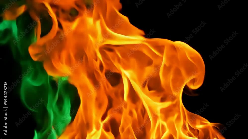 Orange and green flames on a plain black background, creating a striking contrast. Orange and green flames on a plain black background, creating a striking contrast.