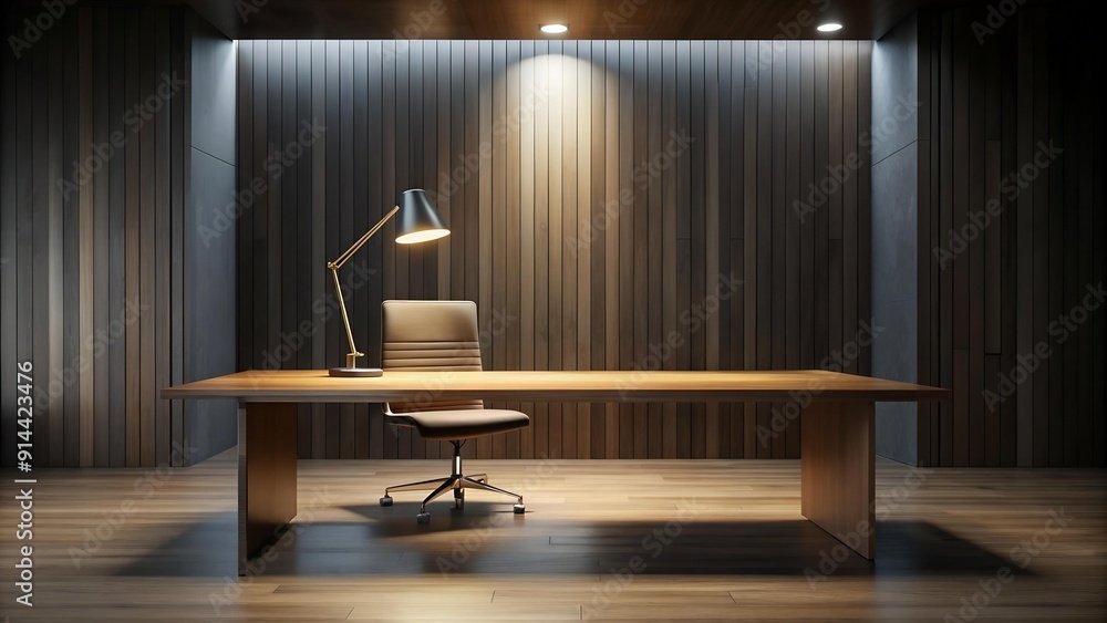 Obraz premium Nocturnal Minimalism: A Sleek Wooden Table in a Dark, Modern Office generative AI