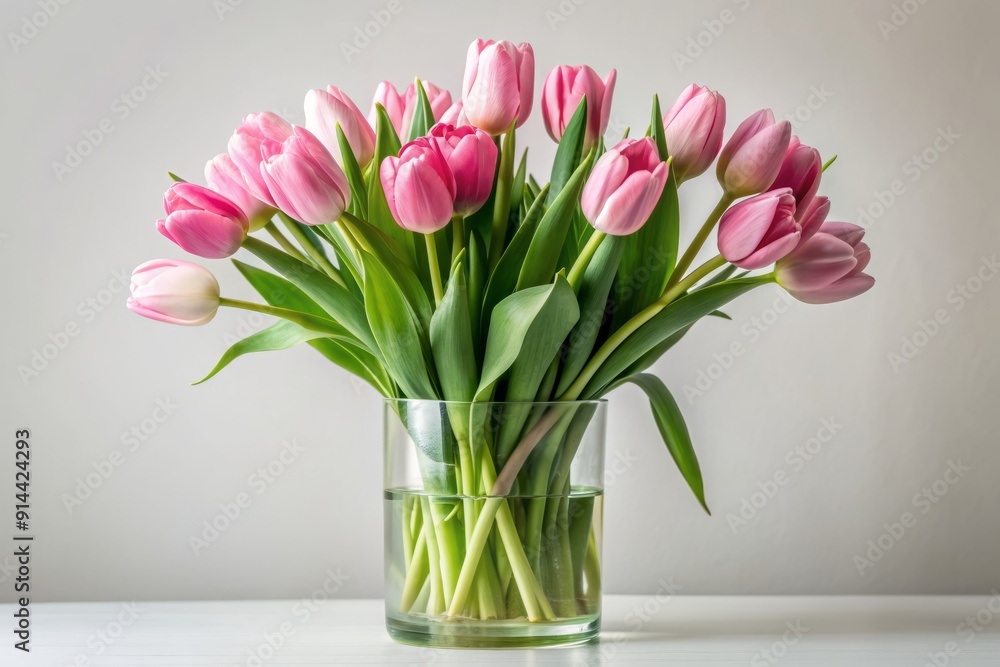 Delicate pink tulips arranged in a sleek minimalist vase, isolated on a transparent background, showcasing the beauty of the blooms in a clean and elegant setting. Delicate pink tulips arranged in a sleek minimalist vase, isolated on a transparent background, showcasing the beauty of the blooms in a clean and elegant setting.