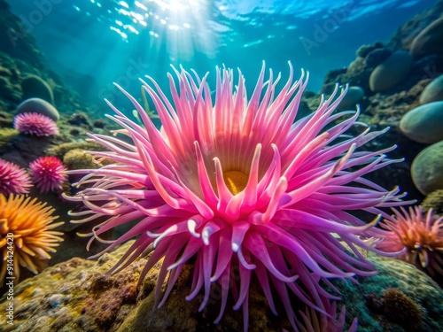 Vibrant pink underwater flower blooms amidst seaweed and coral, its delicate petals unfolding like a gentle sunrise in the dark ocean depths. photo