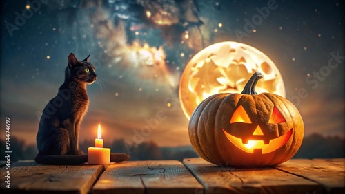 A Whimsical Halloween Night with a Feline Pumpkin  Generative AI photo