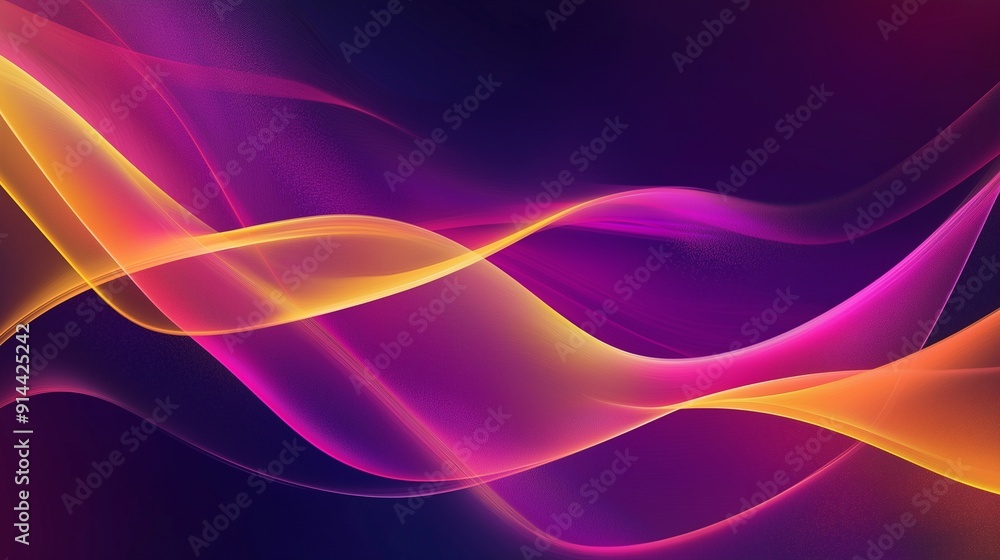 Fototapeta premium Abstract glass background with wavy pink and yellow ribbons on a dark purple gradient