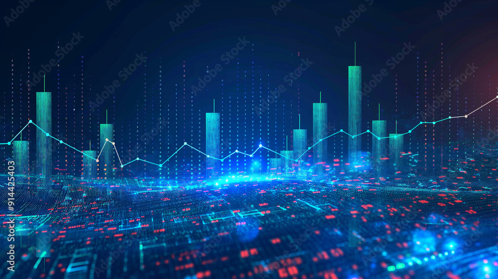 A cityscape with tall buildings and a skyline with a lot of lines and numbers A cityscape with tall buildings and a skyline with a lot of lines and numbers