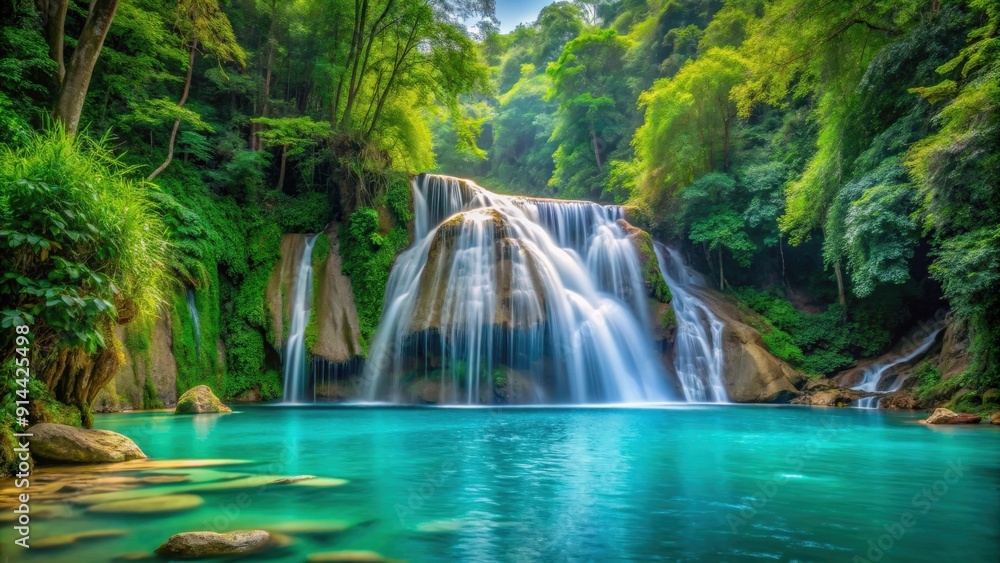 Turquoise waterfall with ice cream treats in a lush greenery setting, sweet, moment, happiness, enjoyment, relaxation Turquoise waterfall with ice cream treats in a lush greenery setting, sweet, moment, happiness, enjoyment, relaxation