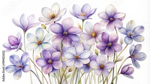 Delicate watercolor violet blooms on a clean white background, symbolizing February's birth month, with soft petals and gentle stems in a whimsical, dreamy design.