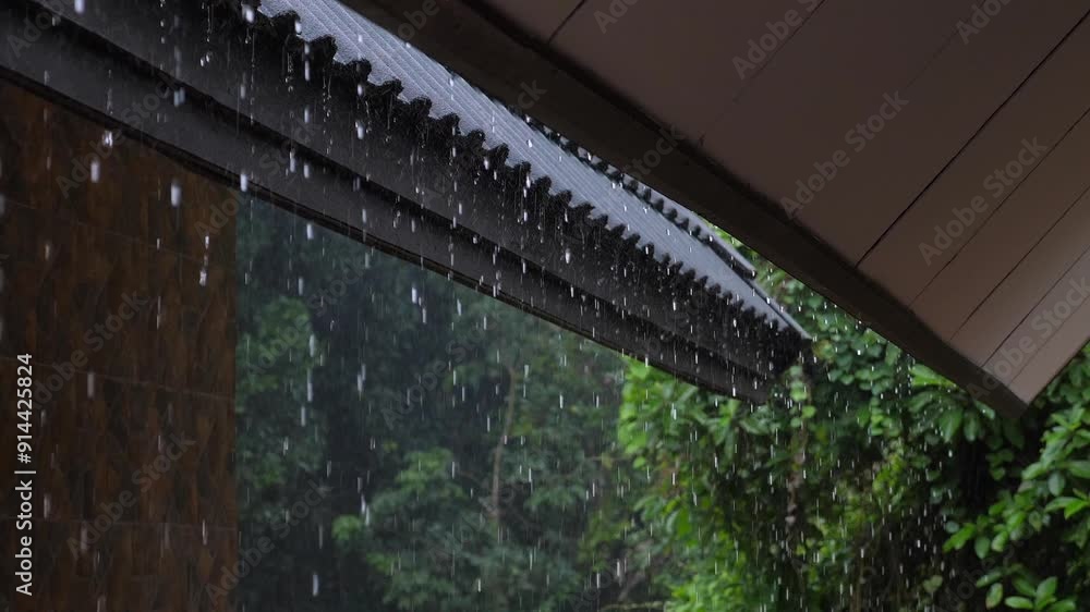 Rain falling from roof with lush green background. Wet weather scene captured from sheltered spot. Natural downpour over foliage. Moody atmosphere with visible raindrops and plant life. Rain falling from roof with lush green background. Wet weather scene captured from sheltered spot. Natural downpour over foliage. Moody atmosphere with visible raindrops and plant life.