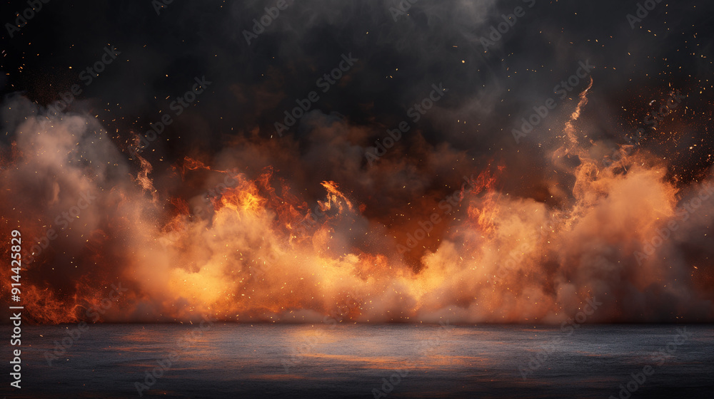 A fire is burning in the sky, with smoke and ash filling the air A fire is burning in the sky, with smoke and ash filling the air