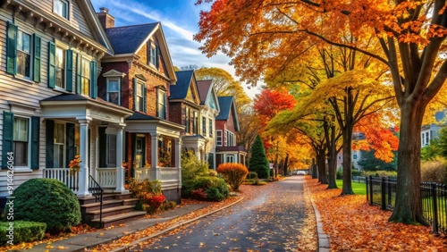 Quiet residential street lined with historic homes and vibrant autumn foliage , Oswego Street, Baldwinsville, houses