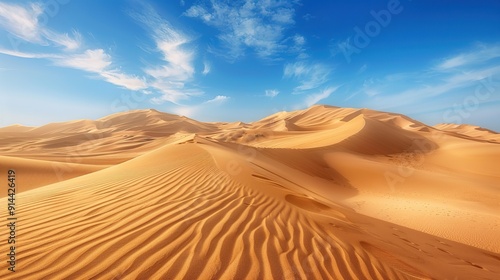 A vast desert landscape with towering sand dunes under a deep blue sky, the golden sands rippling in the wind and creating intricate patterns.