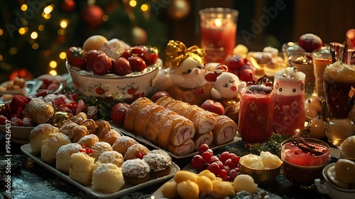 Whimsical New Year Day brunch with animated characters celebrating with festive foods and cheerful decorations photo