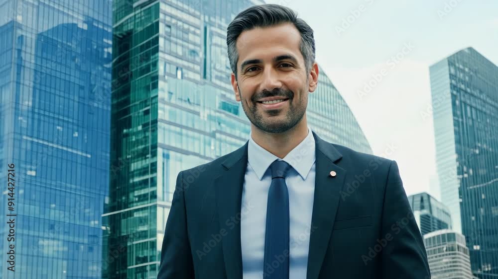 Medium shot of a middle-aged businessman smiling and standing in front of a corporate building. The building is in the background, behind the man's back. successful, leader, suit, company, standing Medium shot of a middle-aged businessman smiling and standing in front of a corporate building. The building is in the background, behind the man's back. successful, leader, suit, company, standing
