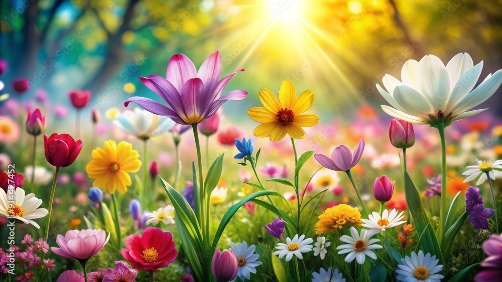 Vibrant colorful illustration of spring flower background with blooming blossoms and fresh petals in a lush floral garden, symbolizing new life and beauty. Vibrant colorful illustration of spring flower background with blooming blossoms and fresh petals in a lush floral garden, symbolizing new life and beauty.