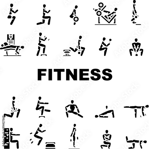 fitness exercises arm workout icons set vector. body sport, training gym, arm healthy, yoga woman person fit, fitness athlete active fitness exercises arm workout glyph pictogram Illustrations