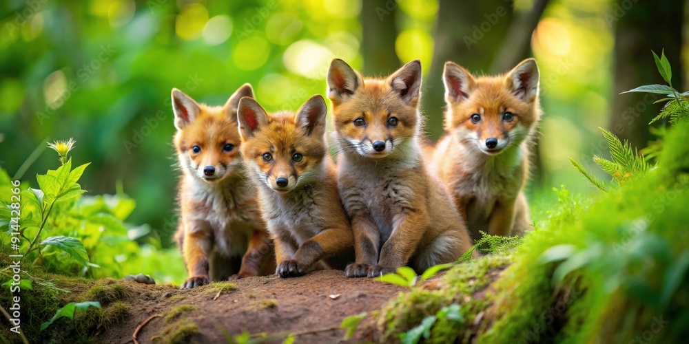 Obraz premium Adorable fox cubs playing in the lush forest , wildlife, nature, cute, young, animals, playful, woodland, outdoors, playful
