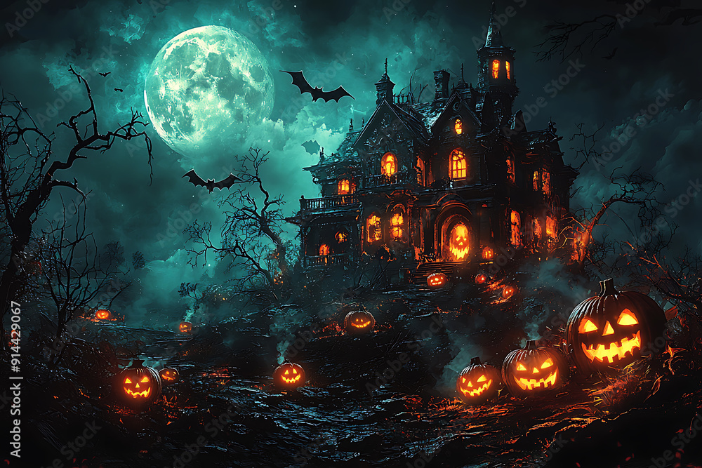 A spooky Halloween scene of a haunted house on a hill under a full moon, with glowing carved pumpkins on the porch. Bats' shadows cross the moonlit sky, and twisted, barren trees surround the house A spooky Halloween scene of a haunted house on a hill under a full moon, with glowing carved pumpkins on the porch. Bats' shadows cross the moonlit sky, and twisted, barren trees surround the house