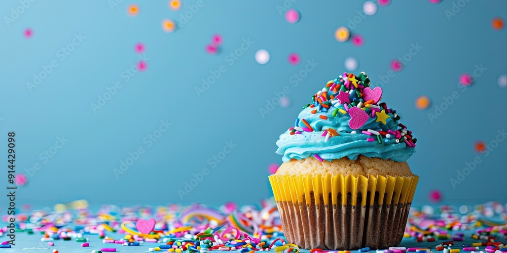 colorful birthday cupcake, confetti, copy space colorful birthday cupcake, confetti, copy space