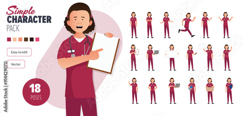 Simple flat female nurse woman vector character in a set of multiple poses. Easy to edit and isolated on a white background. Modern trendy style character mega pack with lots of poses.	