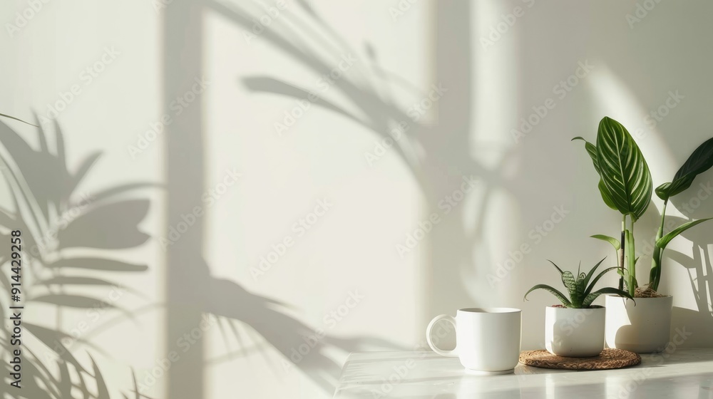 Plant on table, white wall, cozy home with elegant decor, relax time, coffee time, workspace. Plant on table, white wall, cozy home with elegant decor, relax time, coffee time, workspace.