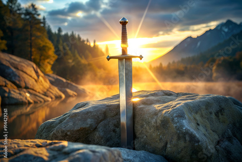 A sword is on a rock by a lake. The sun is shining on the sword, making it look like it's glowing. The scene is peaceful and serene, with the water reflecting the sunlight photo