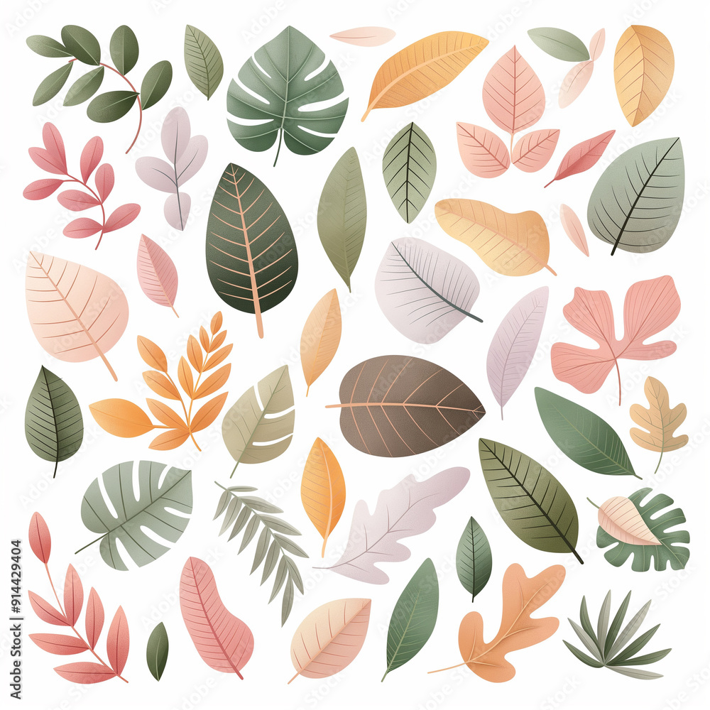 A collection of colorful leaves and flowers are displayed in a pattern A collection of colorful leaves and flowers are displayed in a pattern