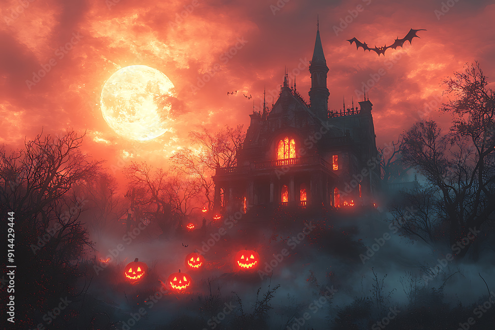 A spooky Halloween scene of a haunted house on a hill under a full moon, with glowing carved pumpkins on the porch. Bats' shadows cross the moonlit sky, and twisted, barren trees surround the house A spooky Halloween scene of a haunted house on a hill under a full moon, with glowing carved pumpkins on the porch. Bats' shadows cross the moonlit sky, and twisted, barren trees surround the house