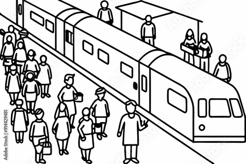  A busy train station with people boarding and disembarking, vector illustration