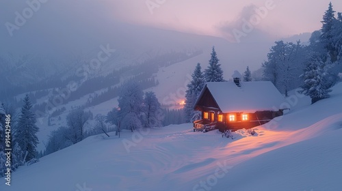 A serene cabin in a snow-covered valley, with a serene winter landscape and a sense of tranquility  photo