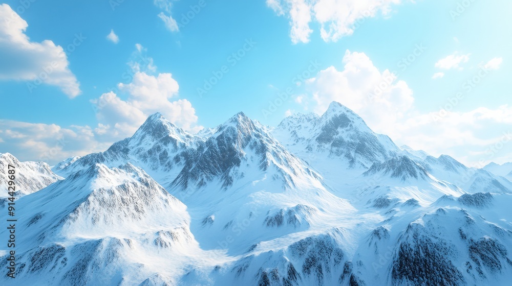 Snow-covered mountains rise majestically into a blue sky, reflecting winter's beauty on a bright sunny day Snow-covered mountains rise majestically into a blue sky, reflecting winter's beauty on a bright sunny day