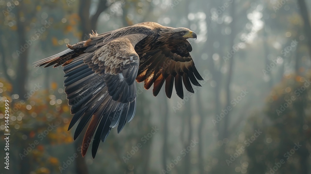 Obraz premium Majestic bald eagle soaring through the sky with the iconic american flag as the backdrop