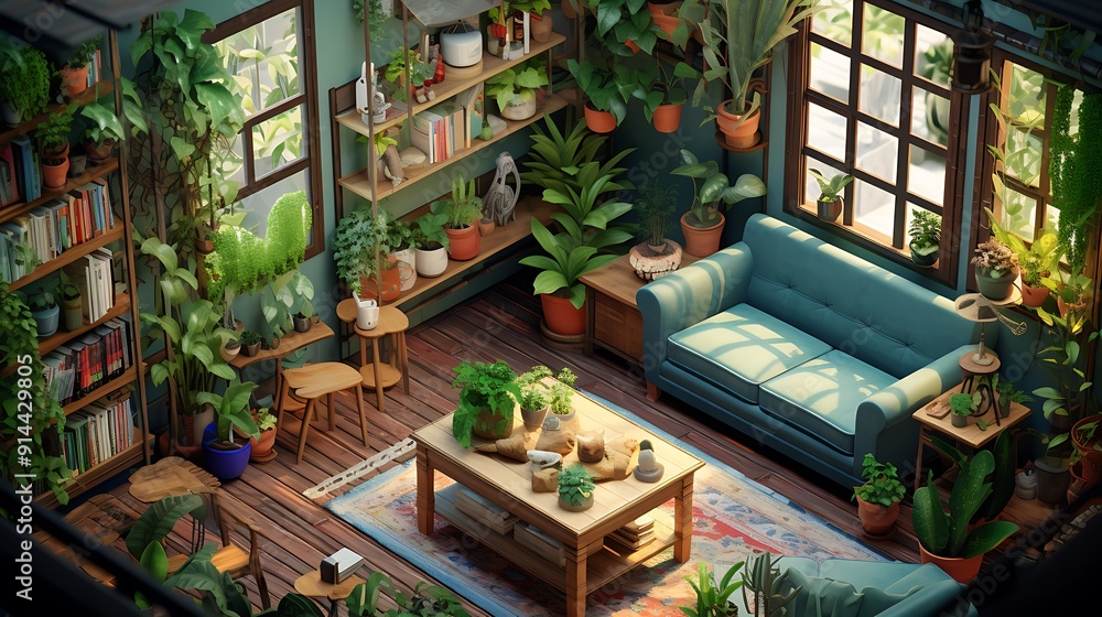 Vibrant Isometric Living Room Bursting with Greenery and Life Vibrant Isometric Living Room Bursting with Greenery and Life
