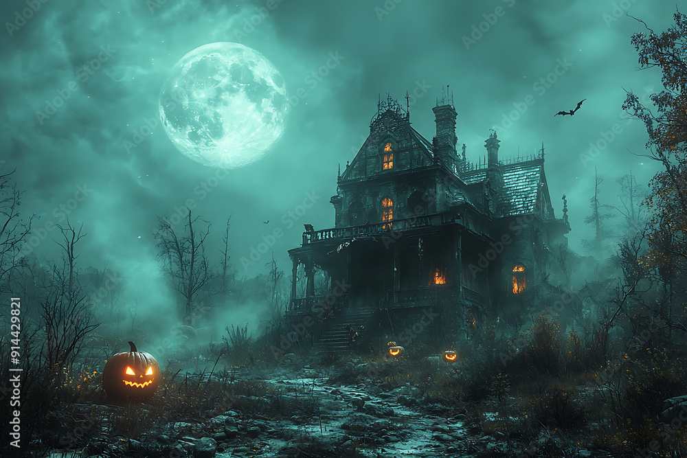 A spooky Halloween scene of a haunted house on a hill under a full moon, with glowing carved pumpkins on the porch. Bats' shadows cross the moonlit sky, and twisted, barren trees surround the house A spooky Halloween scene of a haunted house on a hill under a full moon, with glowing carved pumpkins on the porch. Bats' shadows cross the moonlit sky, and twisted, barren trees surround the house