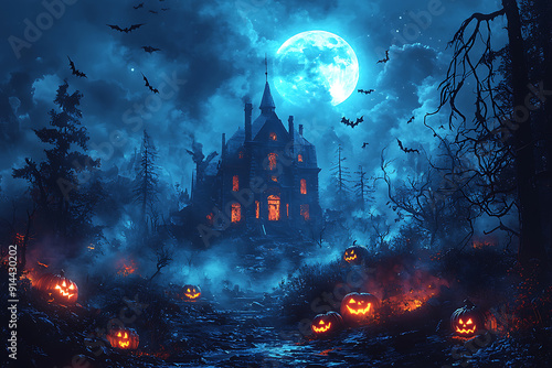 A spooky Halloween scene of a haunted house on a hill under a full moon, with glowing carved pumpkins on the porch. Bats' shadows cross the moonlit sky, and twisted, barren trees surround the house photo