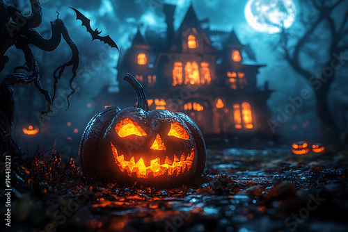 A spooky Halloween scene of a haunted house on a hill under a full moon, with glowing carved pumpkins on the porch. Bats' shadows cross the moonlit sky, and twisted, barren trees surround the house photo