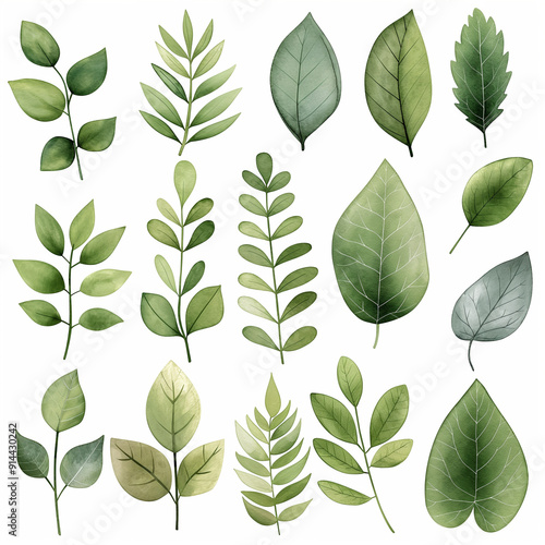 A set of green leaves with varying sizes and shapes