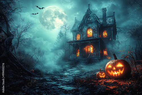 A spooky Halloween scene of a haunted house on a hill under a full moon, with glowing carved pumpkins on the porch. Bats' shadows cross the moonlit sky, and twisted, barren trees surround the house photo