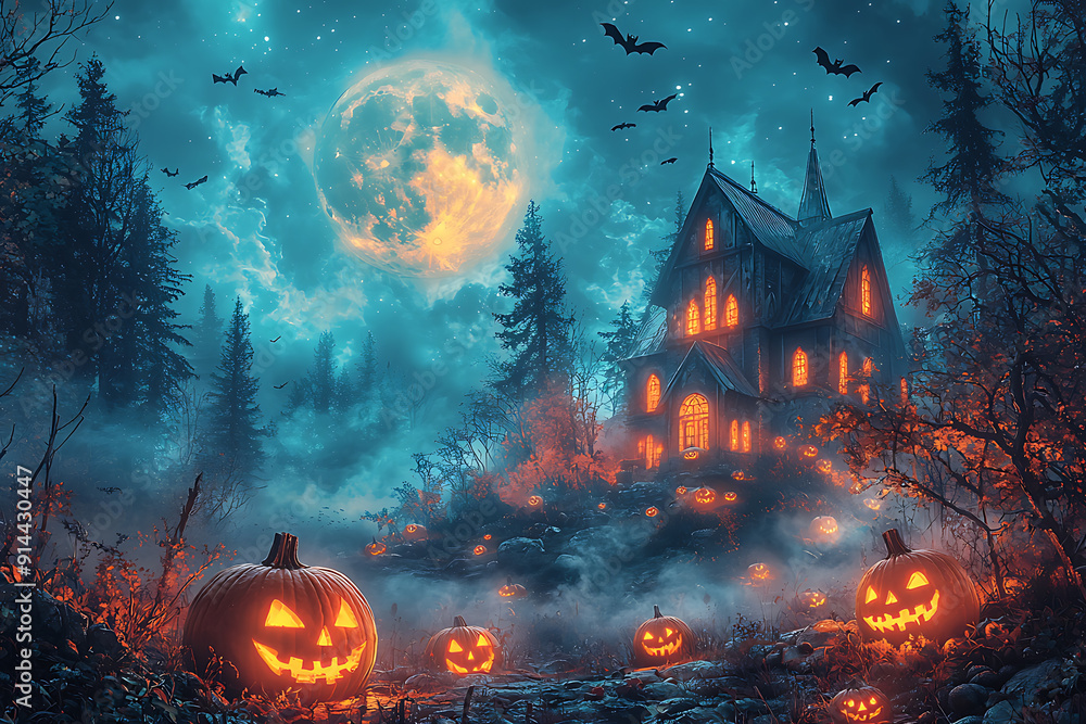 A spooky Halloween scene of a haunted house on a hill under a full moon, with glowing carved pumpkins on the porch. Bats' shadows cross the moonlit sky, and twisted, barren trees surround the house A spooky Halloween scene of a haunted house on a hill under a full moon, with glowing carved pumpkins on the porch. Bats' shadows cross the moonlit sky, and twisted, barren trees surround the house
