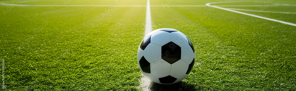 Fototapeta premium Close up of soccer ball in stadium, Football in a stadium background, Soccer ball or football background
