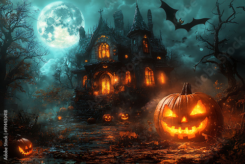 A spooky Halloween scene of a haunted house on a hill under a full moon, with glowing carved pumpkins on the porch. Bats' shadows cross the moonlit sky, and twisted, barren trees surround the house photo