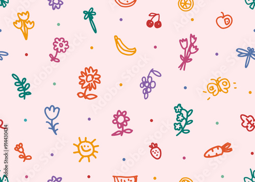 Seamless pattern of naive childish doodle illustration on pink background. Children colorful scribble. Cartoon cute hand drawn vector flowers, fruit and butterflies