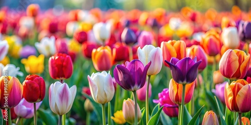Vibrant close-up of a field of colorful tulips, Tulips, flowers, field, close-up, vibrant, colorful, bloom, spring, petals