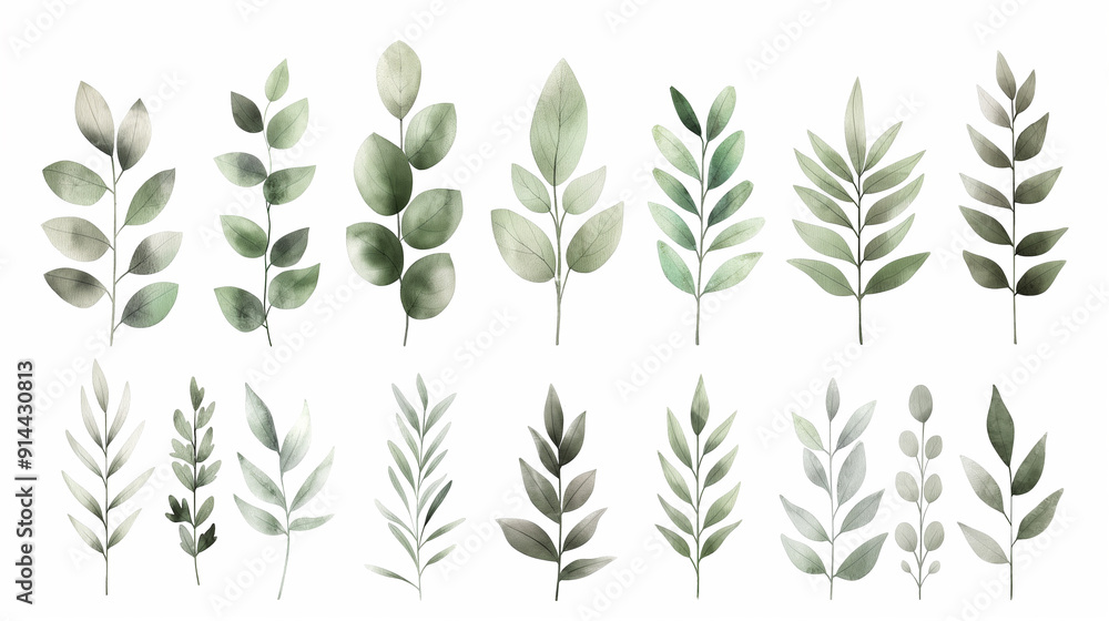 Fototapeta premium A set of watercolor leaves with varying sizes and shapes