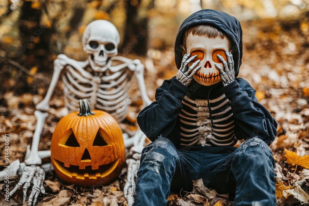Child in Skeleton Costume with Pumpkin and Skeleton Prop Child in Skeleton Costume with Pumpkin and Skeleton Prop