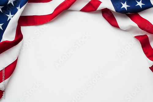 Photo of American flag on white background, top view with copy space for text or design. USA national symbol banner. Mockup template for artwork graphic print design. Generative AI