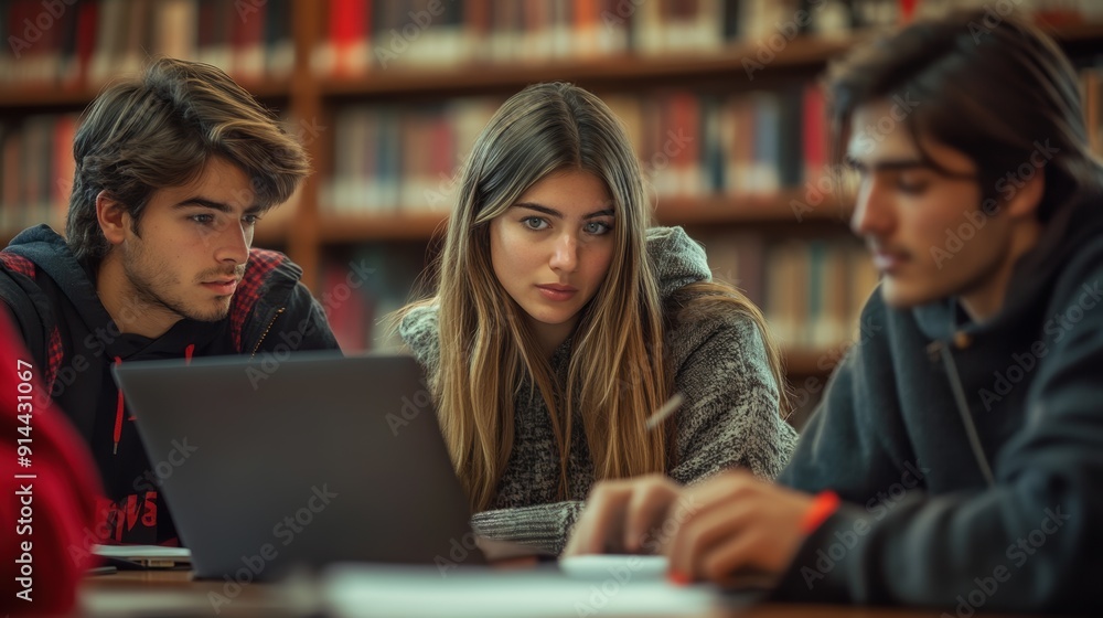 A group of three students focuses intently on studying in a library, with a laptop open and bookshelves in the background, conveying a serious academic atmosphere A group of three students focuses intently on studying in a library, with a laptop open and bookshelves in the background, conveying a serious academic atmosphere