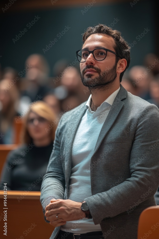 A man with glasses and a beard stands attentively in a lecture hall, dressed in a gray blazer and light sweater, surrounded by an audience A man with glasses and a beard stands attentively in a lecture hall, dressed in a gray blazer and light sweater, surrounded by an audience