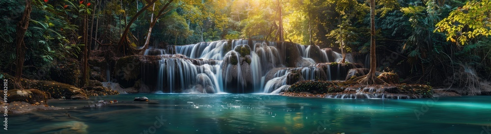 Serene Waterfall Cascading Through Lush Jungle Serene Waterfall Cascading Through Lush Jungle