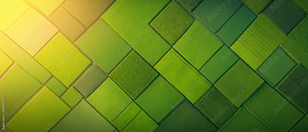 A green field with a pattern of squares and rectangles A green field with a pattern of squares and rectangles