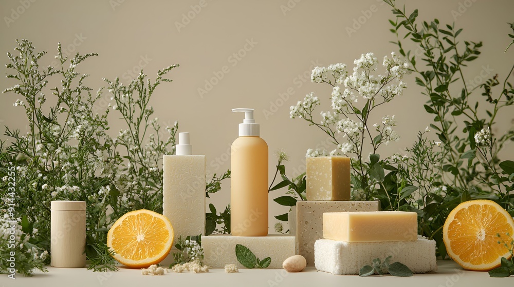 Natural Beauty Products with Flowers and Oranges. Natural Beauty Products with Flowers and Oranges.